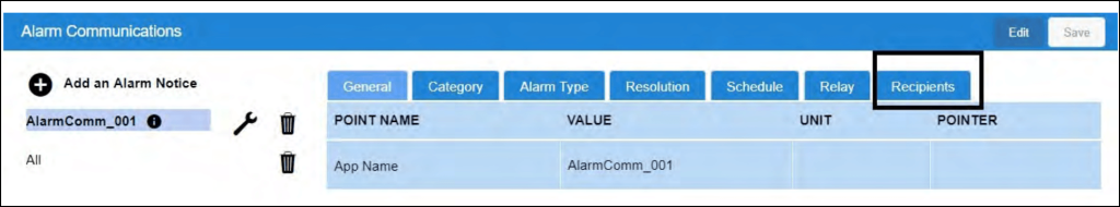 Set up recipients for alarms