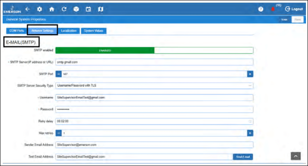 Emerson E3 email SMTP settings