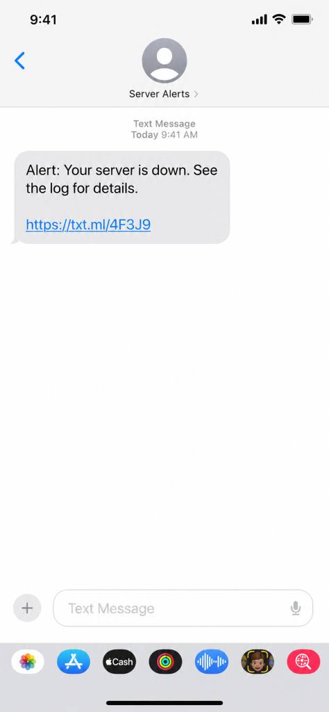 An iPhone text message containing a shortened txt.ml link