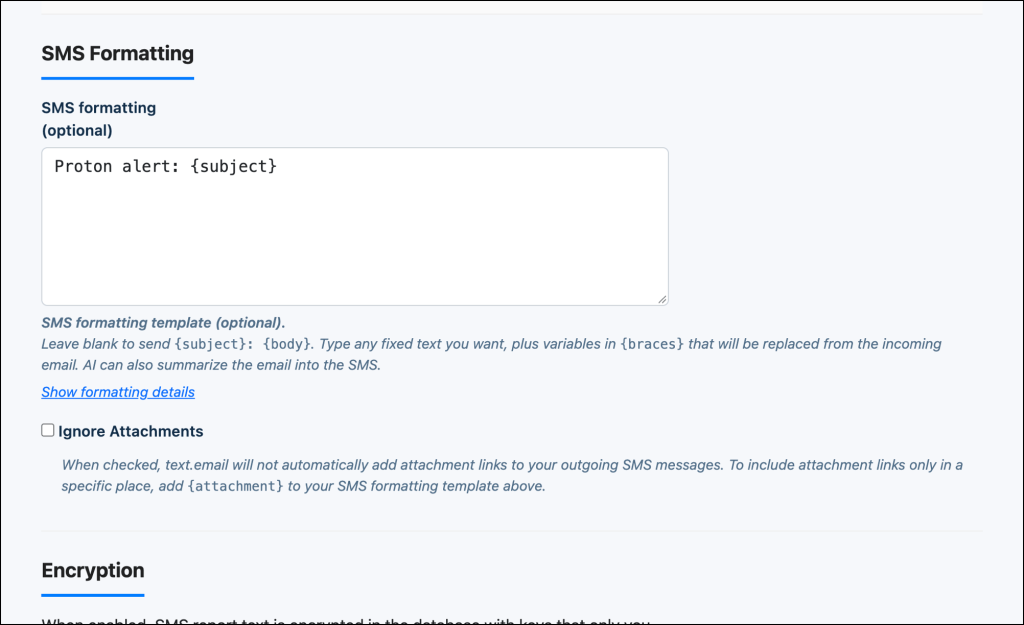 SMS formatting in text.email